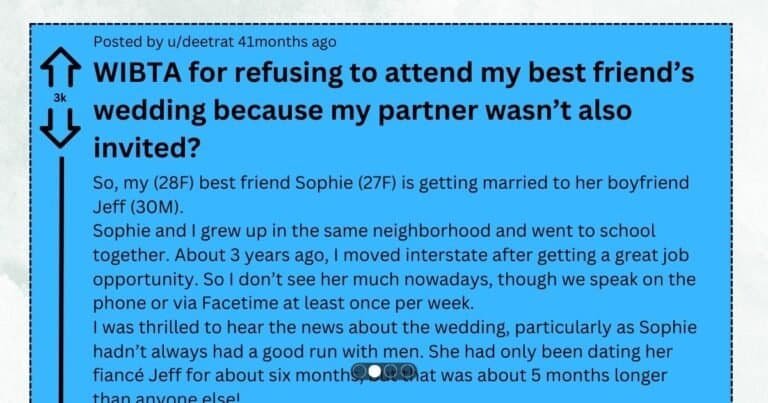 WIBTA for refusing to attend my best friend’s wedding because my partner wasn’t also invited?