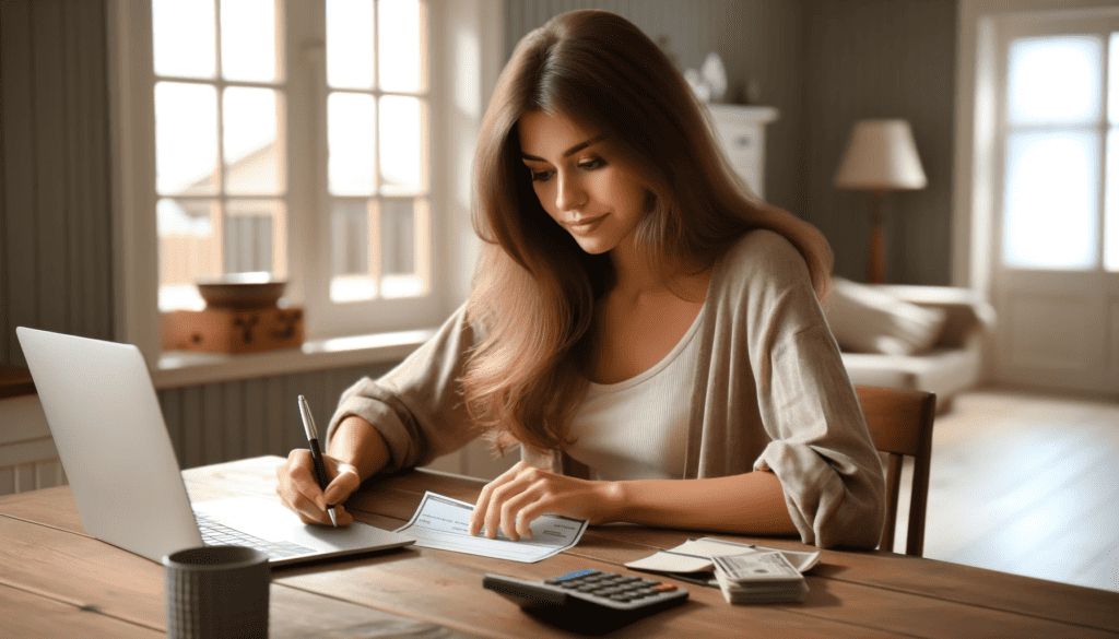 daughter, in the process of paying the house rent. She is sitting at a desk in a well-lit, modest home office