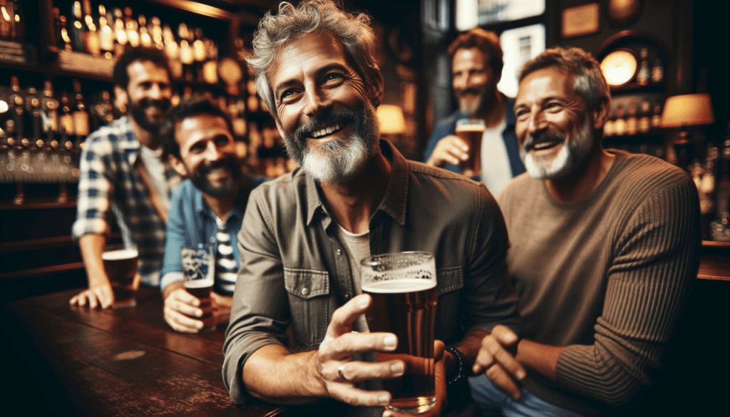 Mike, a 58-year-old with thinning grey hair and a beard, enjoying a drink at a pub with his friends