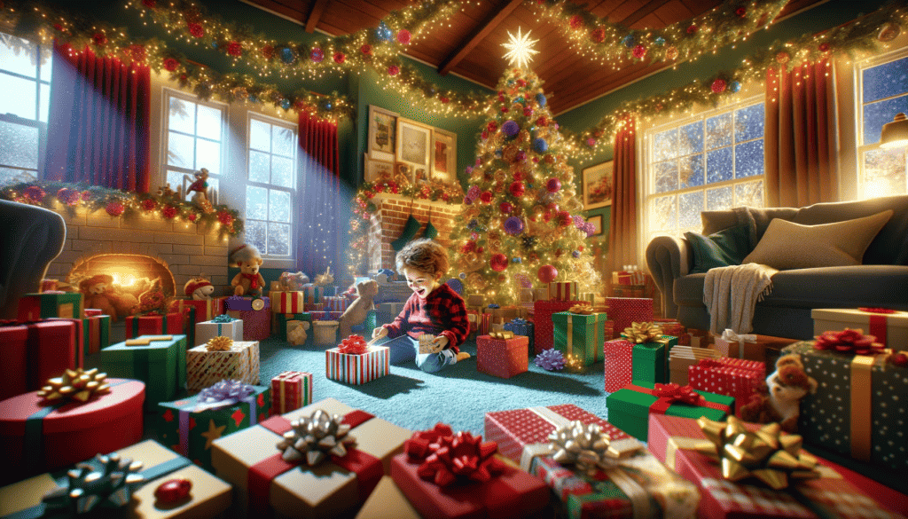 a child opening Christmas presents in a festively decorated living room