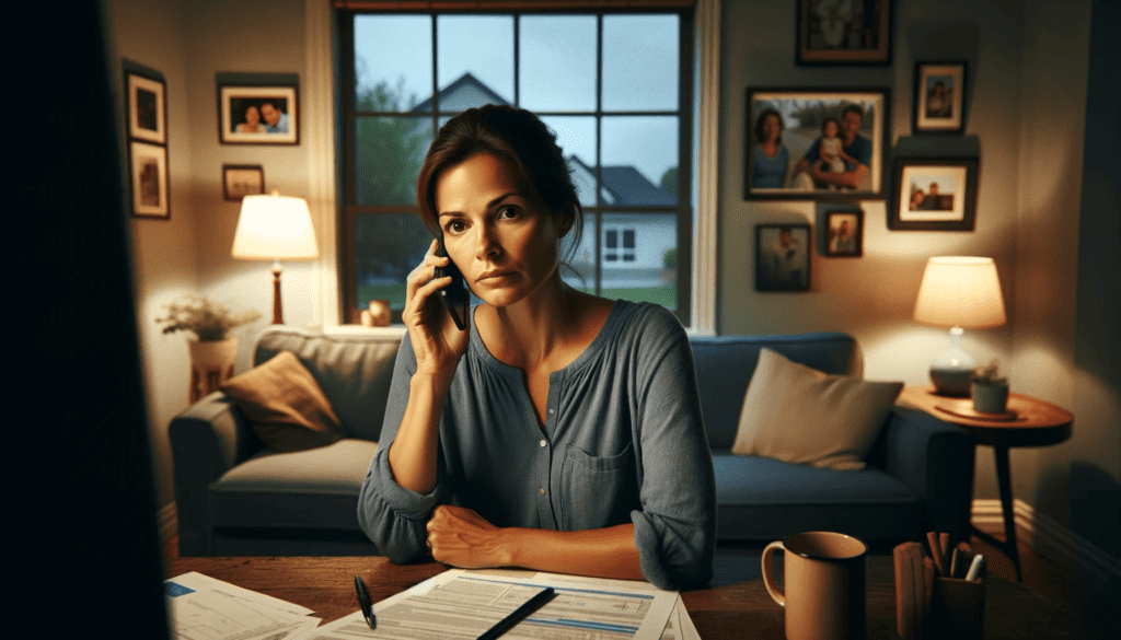  a woman sitting at a desk in a home environment, looking concerned and holding a phone to her ear.png