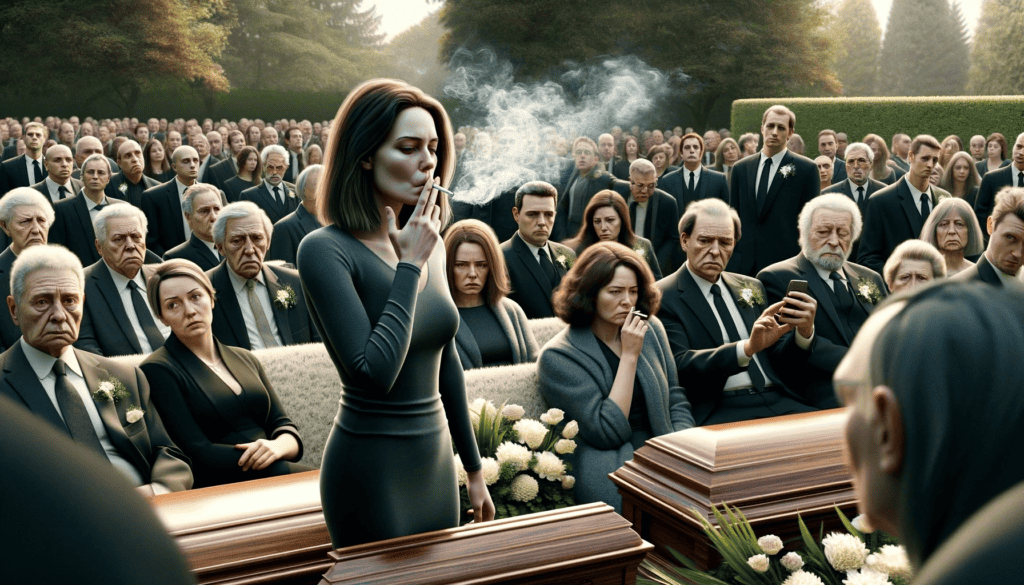 a woman smoking a cigarette at a funeral, surrounded by displeased people.jpg