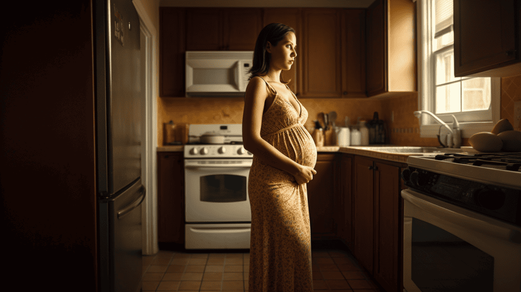 pregnant woman standing in kitchen